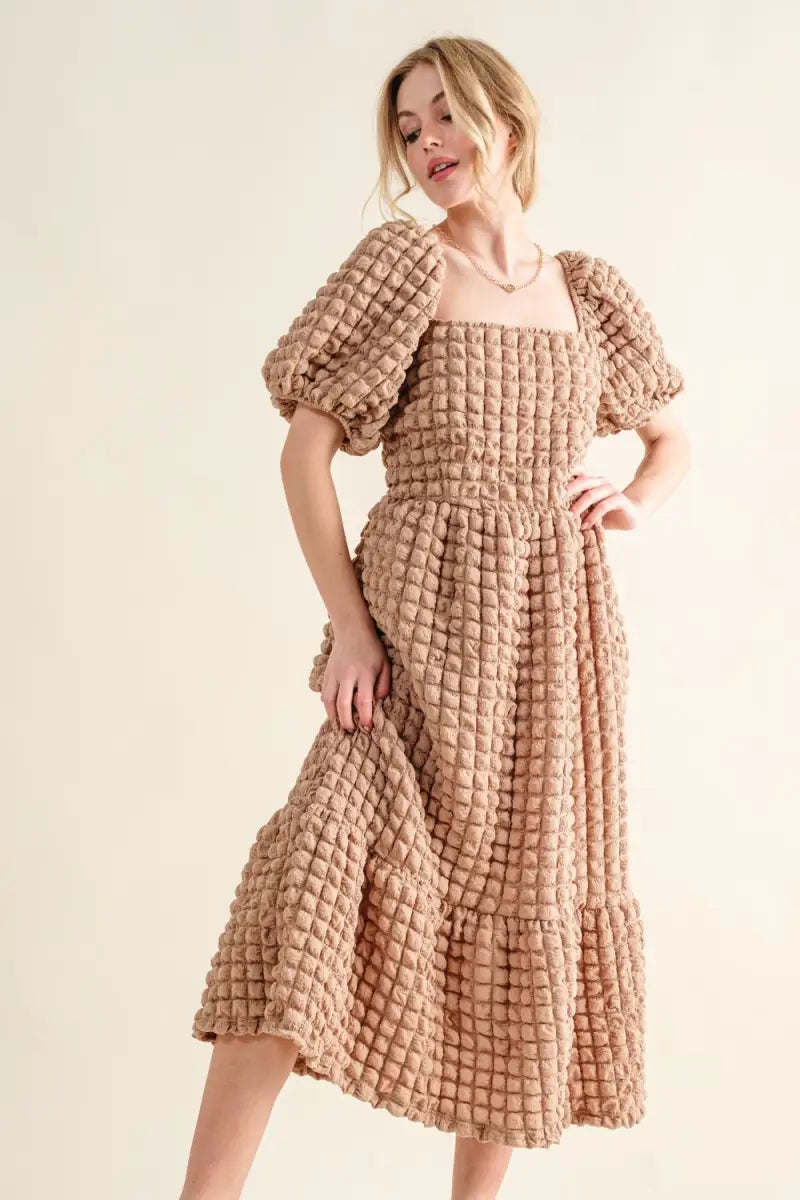 Latte / S - Full Size Square Neck Puff Sleeve Dress - And The Why - Dresses