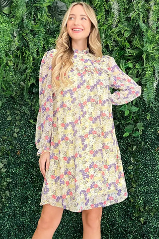 Lemon / S - Floral Mock Neck Flounce Sleeve Dress - And The Why - Dresses