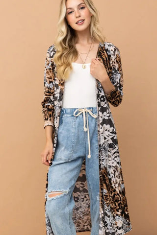 Leopard Kimono Open Front Longline Cardigan - Cardigan - And The Why - Outerwear