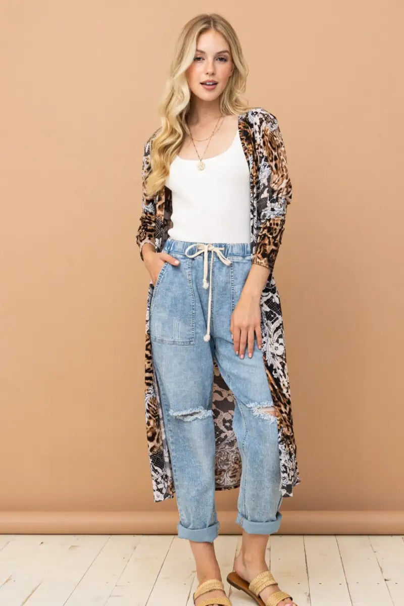 Leopard / S - Leopard Kimono Open Front Longline Cardigan - Cardigan - And The Why - Outerwear