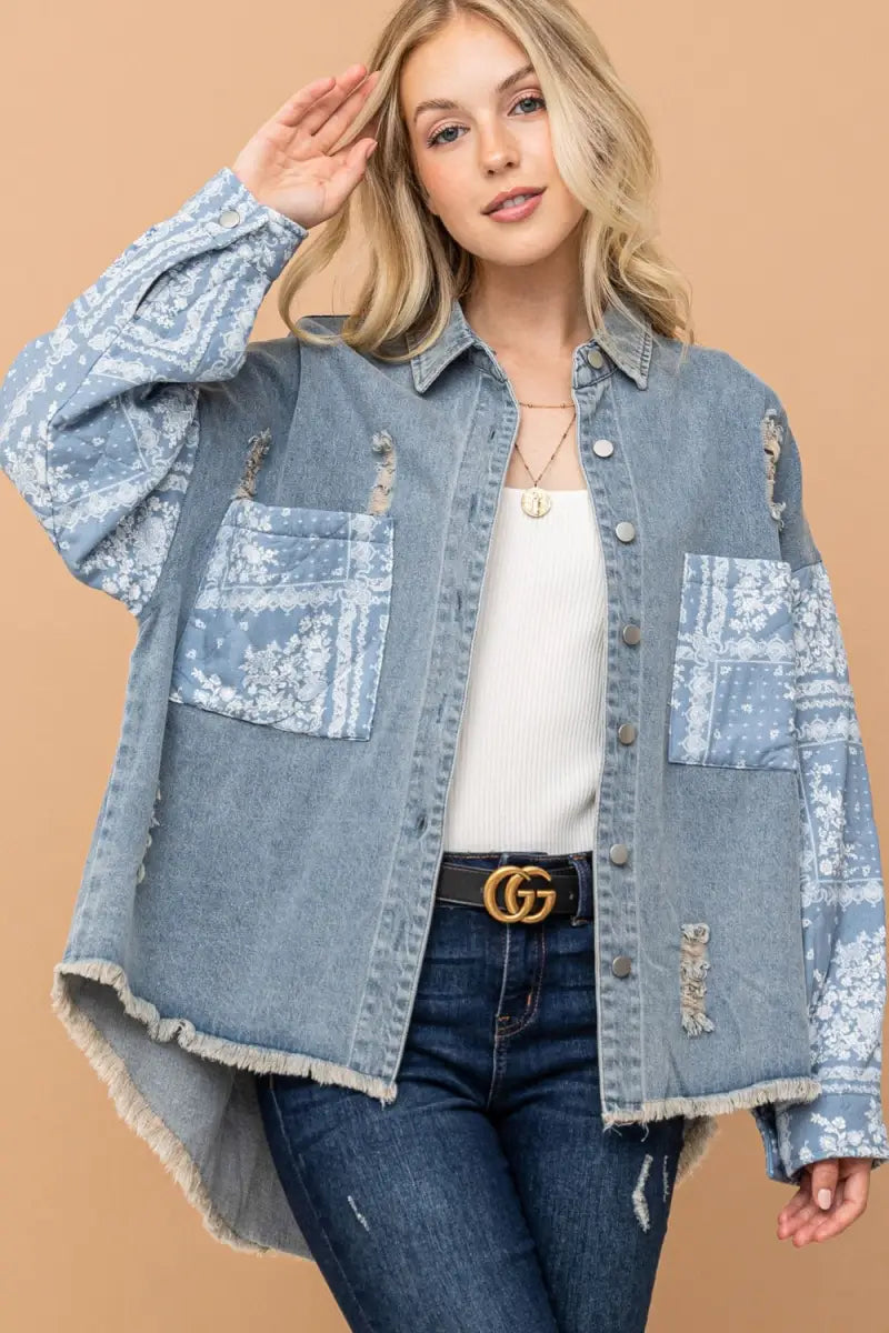 Lt.Denim / S - Full Size Paisley Print Quilted Sleeves Denim Jacket - Jacket - And The Why - Outerwear