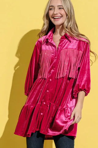 Magenta / S - Fringe Detailed Velvet Shirt Dress - And The Why - Dresses