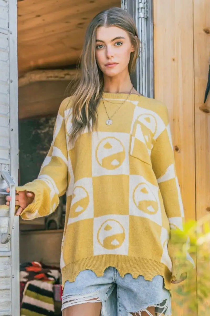 Mustard / S/M - Checkerboard Sweater with Yin Yang Pattern - Sweater - And The Why - Sweaters & Knitwear