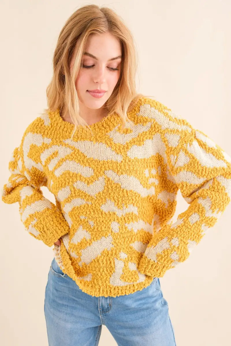 Mustard / S/M - Full Size Textured Pattern Contrast Sweater - Sweater - And The Why - Winter Collection