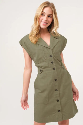 Olive / S - Button Up Sleeveless Dress - Dress - And The Why - Dresses