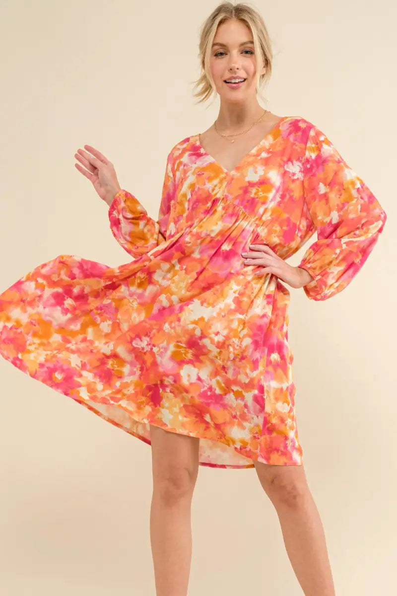 Orange Multi / S - Full Size Printed Tie Back Long Sleeve Dress - And The Why - Dresses