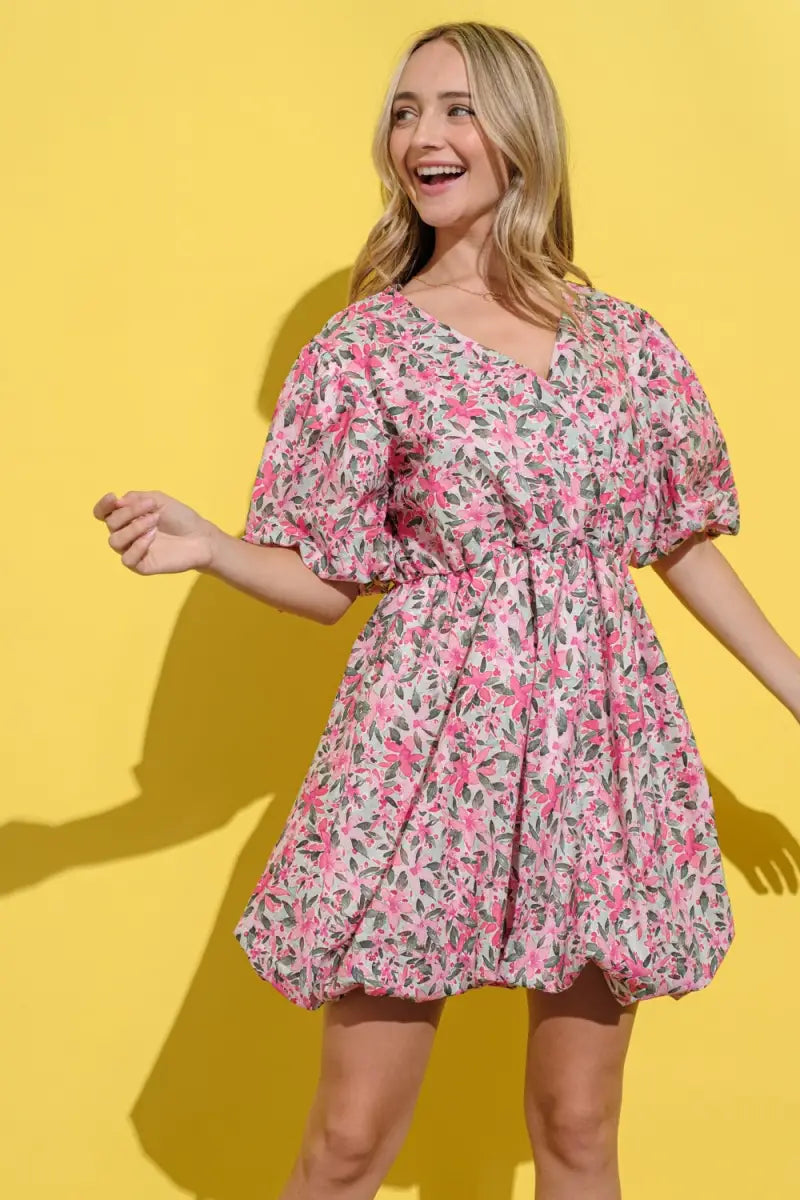 Pink Multi / S - Full Size Floral Surplice Puff Sleeve Dress - And The Why - Dresses