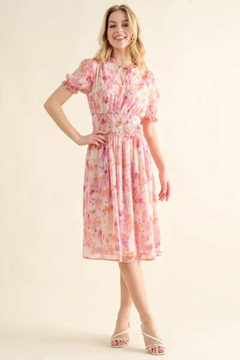 Pink Multi / S - Full Size Smocked Waist Printed Midi Dress - And The Why - Dresses