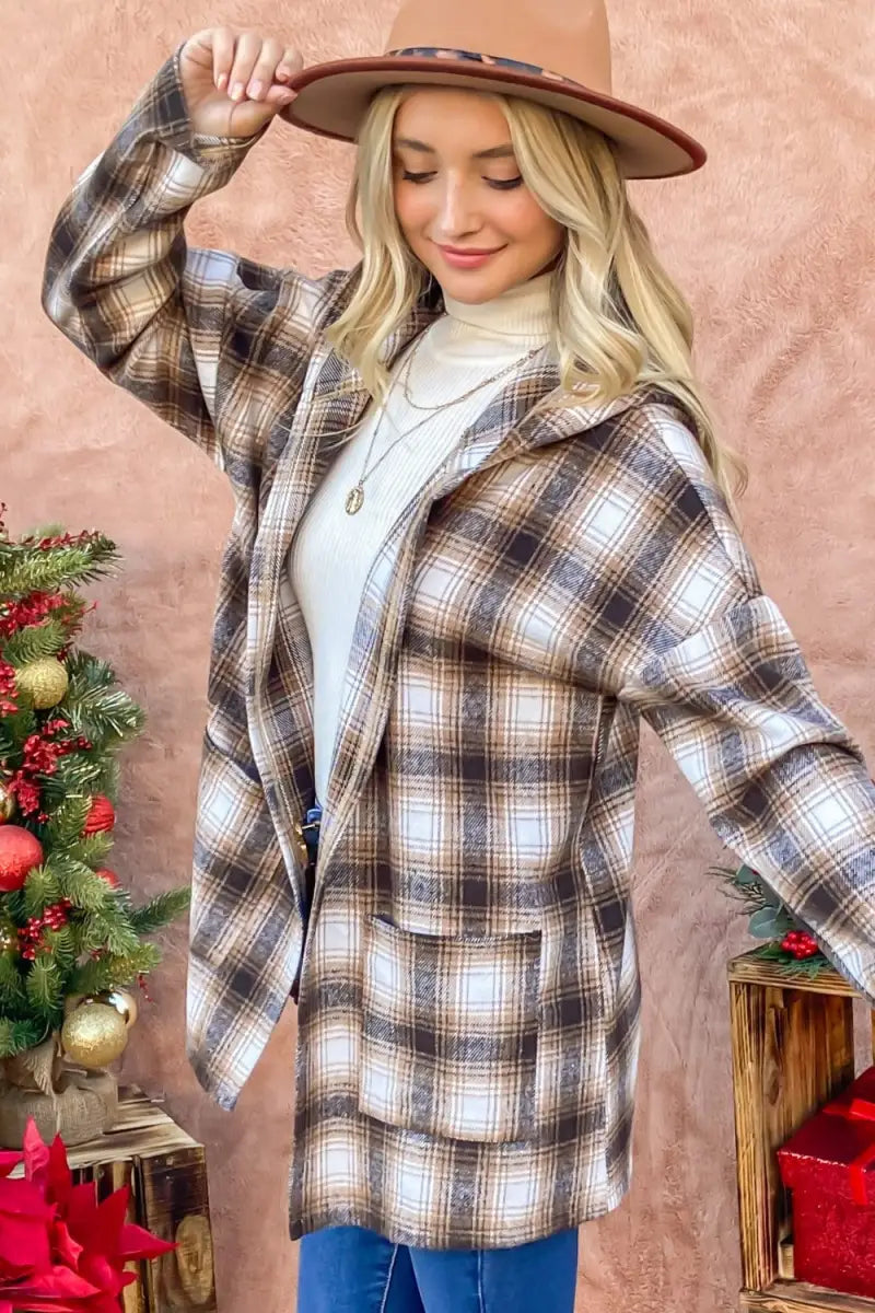 Plaid Open Front Hooded Shacket - Cardigan - And The Why - Outerwear