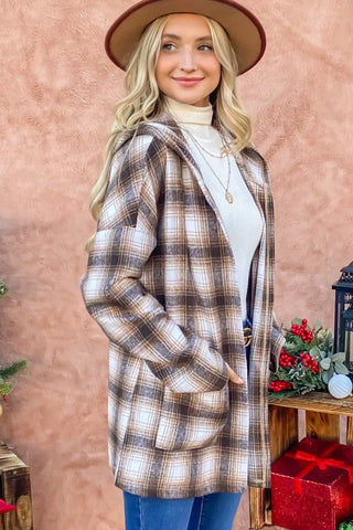 Plaid Open Front Hooded Shacket - Cardigan - And The Why - Outerwear