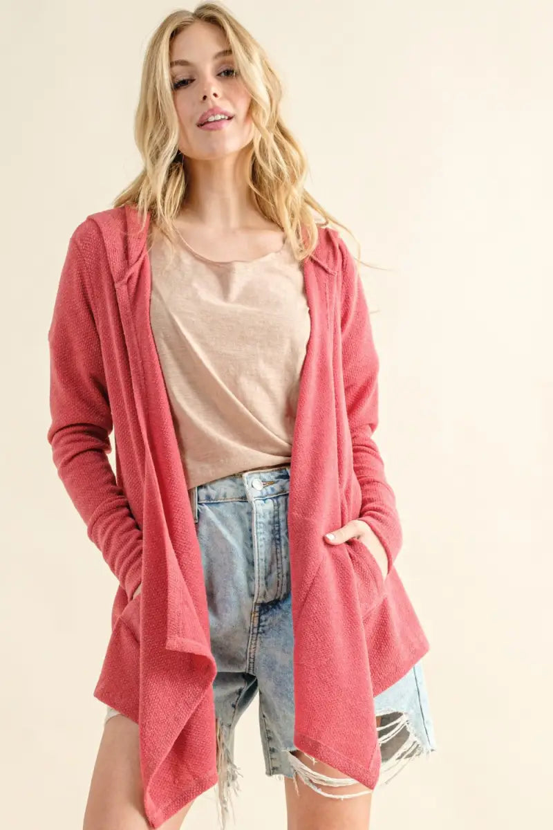 Rose Pink / S - Full Size Thermal Hooded Open Front Cardigan with Pockets - Cardigan - And The Why - Winter Collection