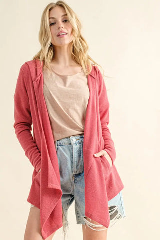 Rose Pink / S - Full Size Thermal Hooded Open Front Cardigan with Pockets - Cardigan - And The Why - Winter Collection