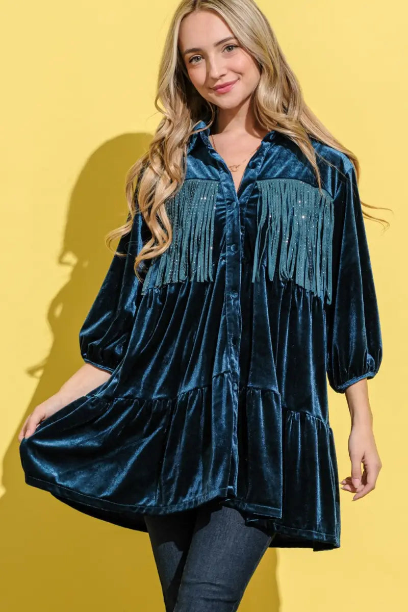 Teal / S - Fringe Detailed Velvet Shirt Dress - And The Why - Dresses