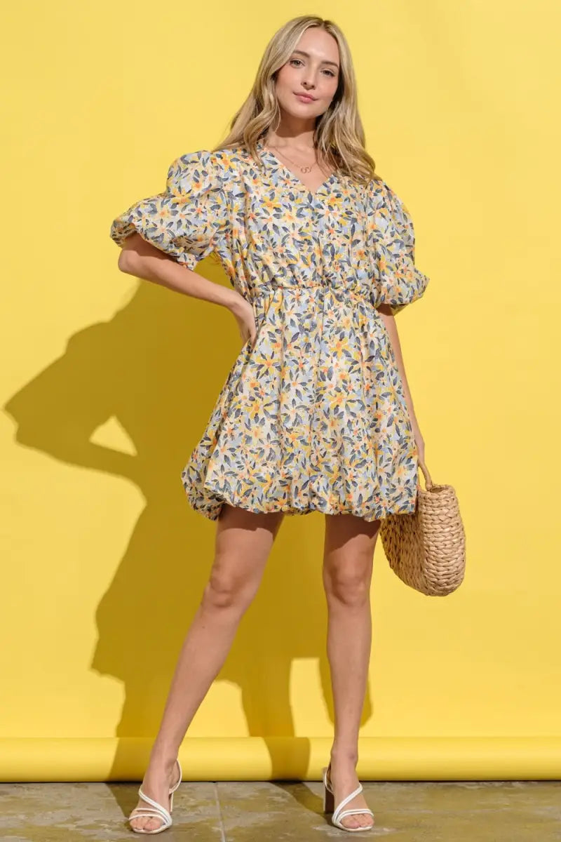 Yellow Multi / S - Full Size Floral Surplice Puff Sleeve Dress - And The Why - Dresses