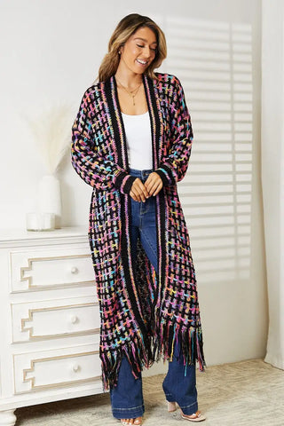 Full Size Multicolored Open Front Fringe Hem Cardigan - Cardigan - Angel Wings - Winter Collection