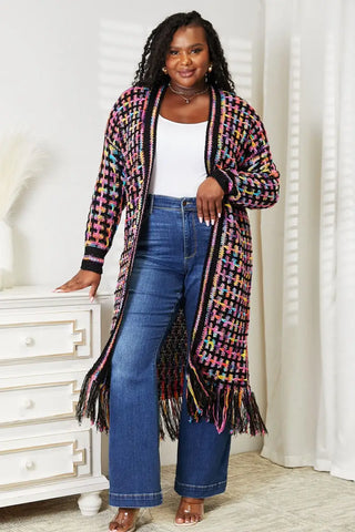 Full Size Multicolored Open Front Fringe Hem Cardigan - Cardigan - Angel Wings - Winter Collection