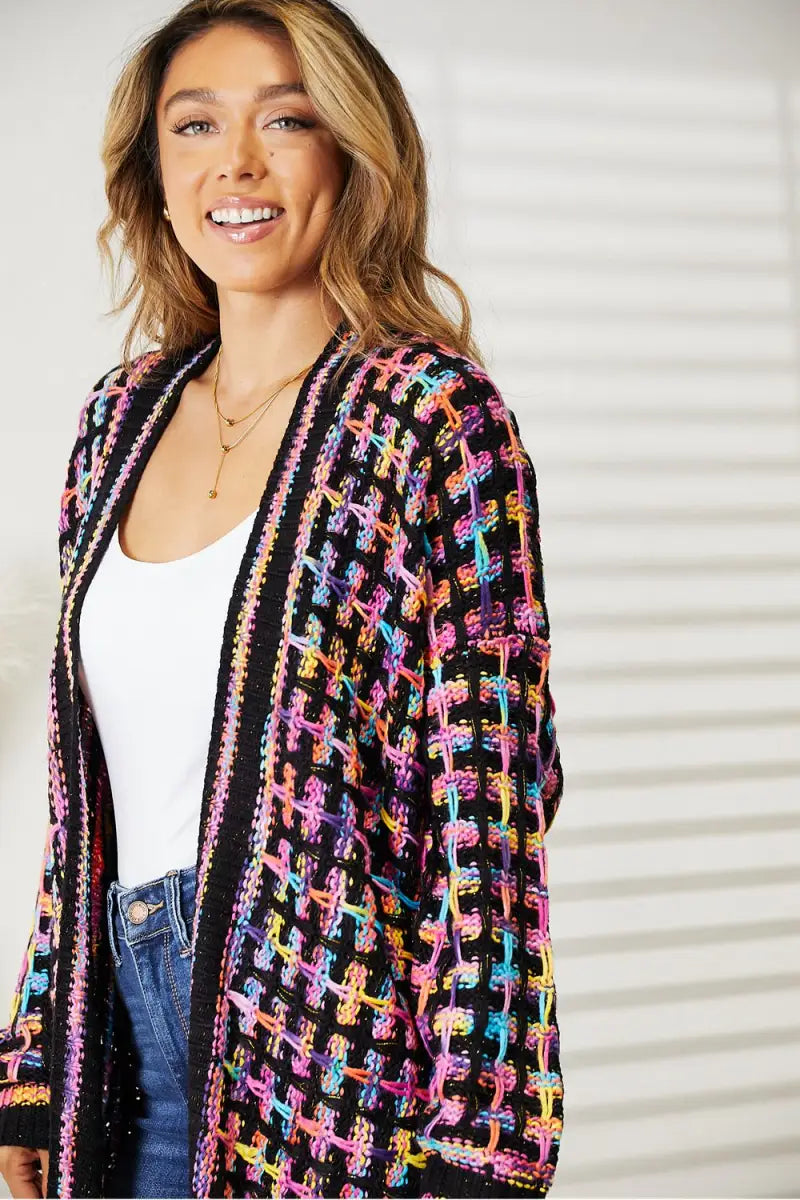 Full Size Multicolored Open Front Fringe Hem Cardigan - Cardigan - Angel Wings - Winter Collection