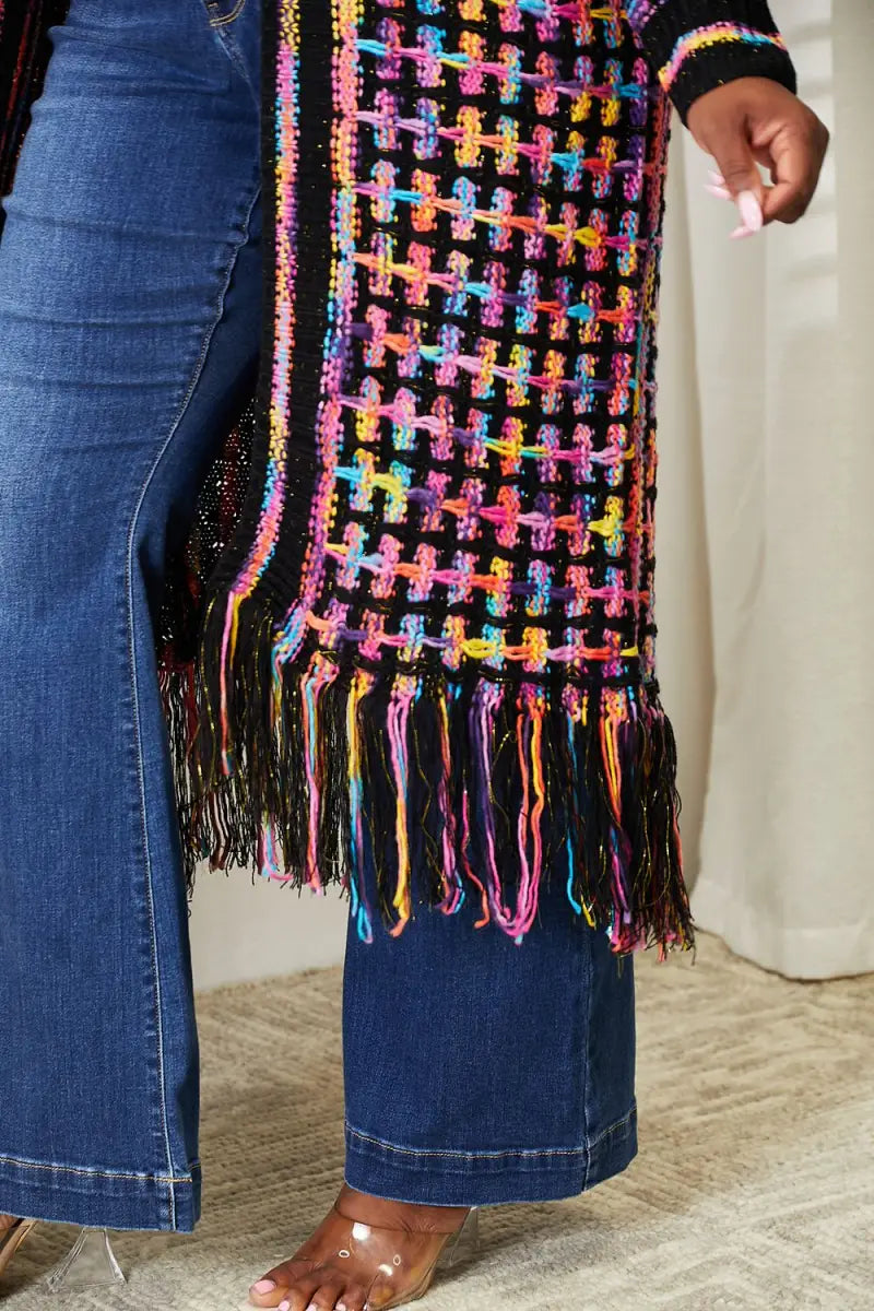 Full Size Multicolored Open Front Fringe Hem Cardigan - Cardigan - Angel Wings - Winter Collection