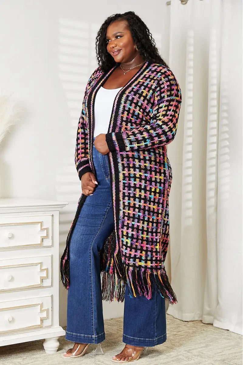 Full Size Multicolored Open Front Fringe Hem Cardigan - Cardigan - Angel Wings - Winter Collection