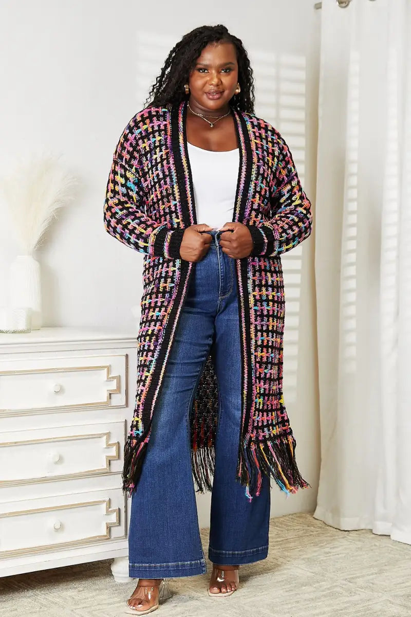 Multicolor / S - Full Size Multicolored Open Front Fringe Hem Cardigan - Cardigan - Angel Wings - Winter Collection