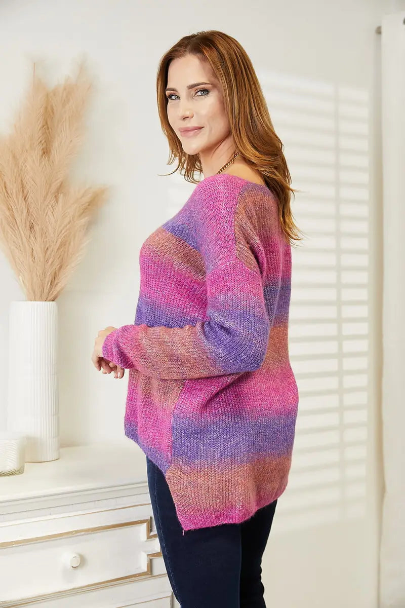 Multicolored Rib-Knit V-Neck Knit Pullover - Sweater - Angel Wings - Sweaters & Knitwear