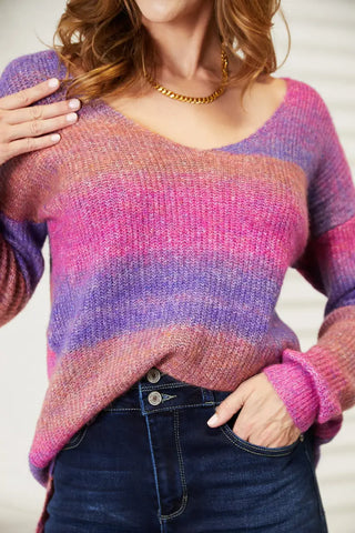 Multicolored Rib-Knit V-Neck Knit Pullover - Sweater - Angel Wings - Sweaters & Knitwear