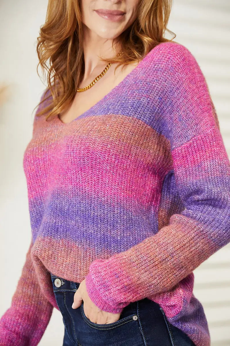 Multicolored Rib-Knit V-Neck Knit Pullover - Sweater - Angel Wings - Sweaters & Knitwear