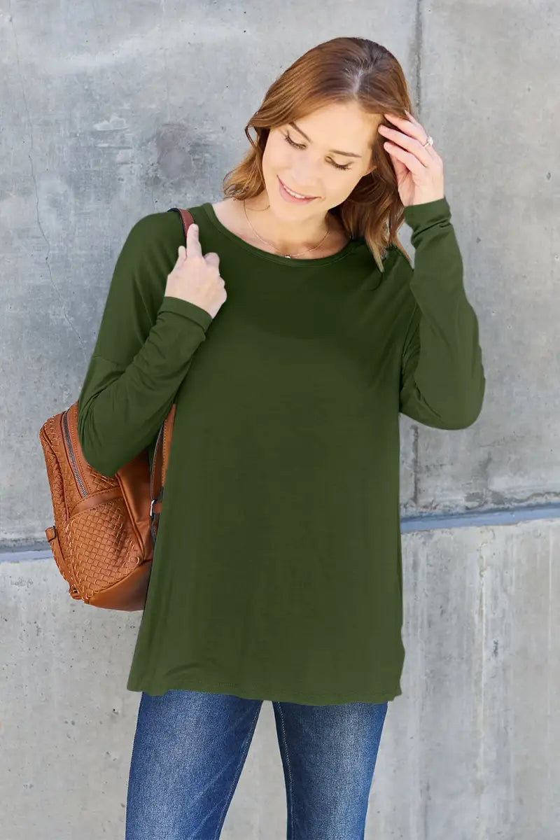 Army Green / S - Full Size Round Neck Dropped Shoulder T-Shirt - T-Shirt - Basic Bae - Tops