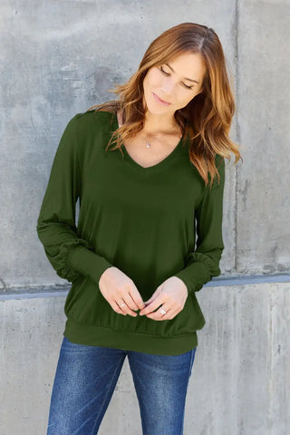 Army Green / S - Full Size V-Neck Lantern Sleeve Top - Sweatshirt - Basic Bae - Tops