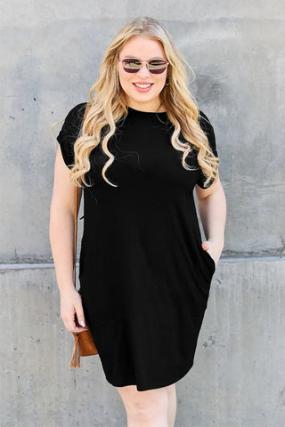 Bamboo Full Size Round Neck Short Sleeve Dress with Pockets - Dress - Basic Bae - Dresses