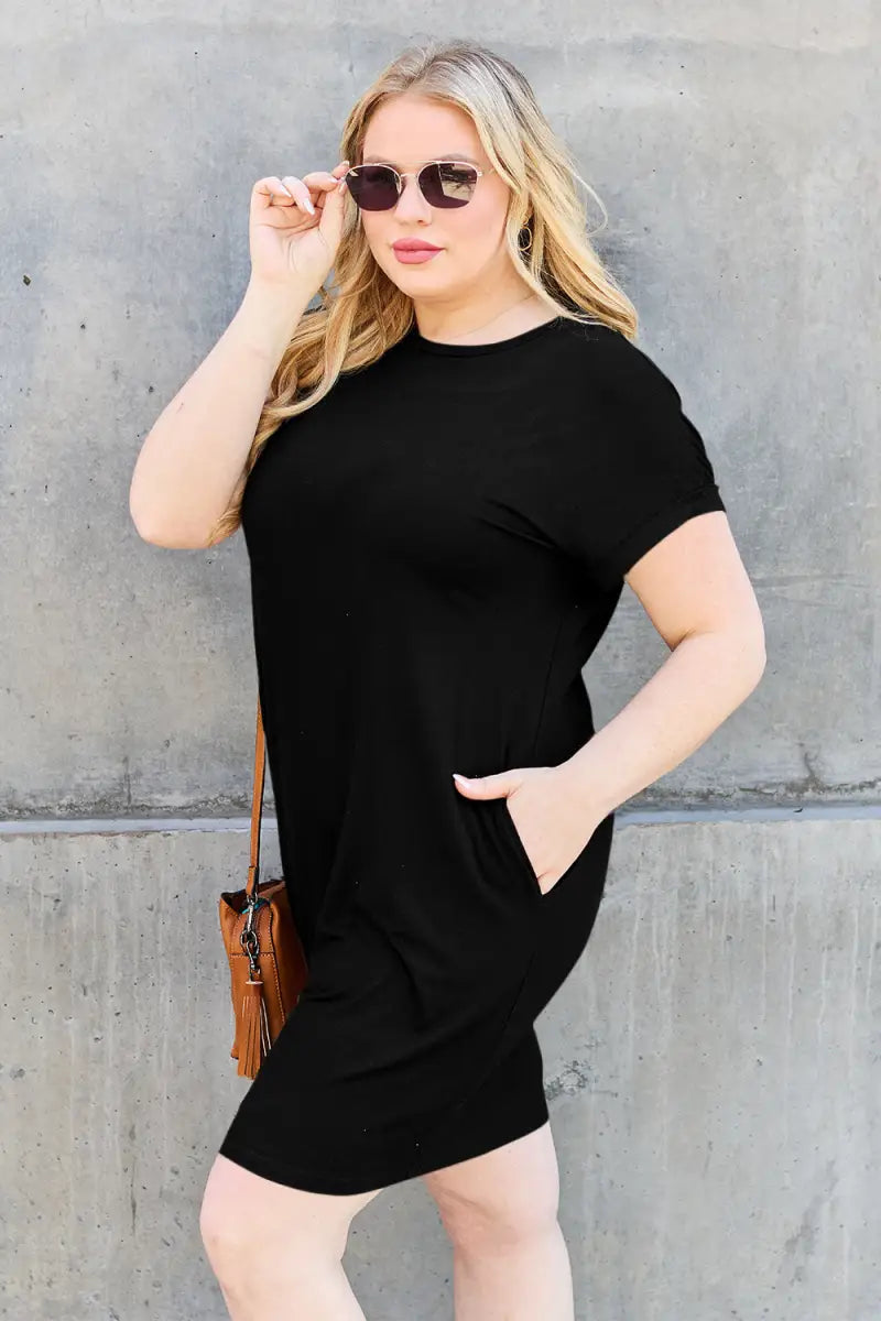 Bamboo Full Size Round Neck Short Sleeve Dress with Pockets - Dress - Basic Bae - Dresses