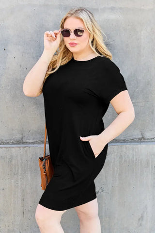 Bamboo Full Size Round Neck Short Sleeve Dress with Pockets - Dress - Basic Bae - Dresses