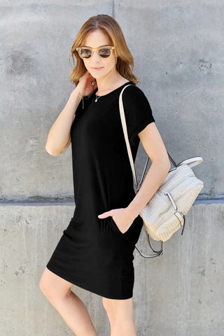 Bamboo Full Size Round Neck Short Sleeve Dress with Pockets - Dress - Basic Bae - Dresses