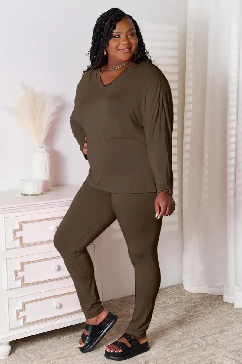 Bamboo Full Size V-Neck Long Sleeve Top and Pants Lounge Set - Loungwear - Basic Bae - Two-Piece Sets