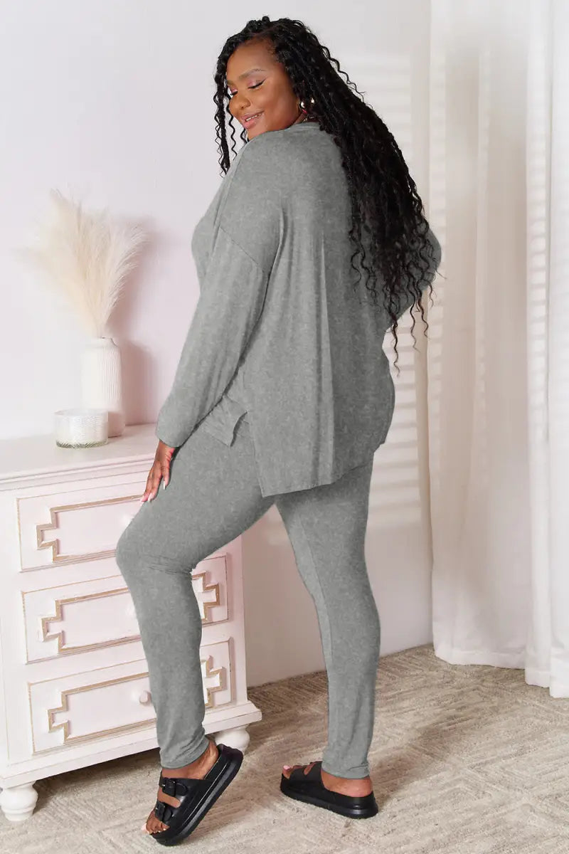 Bamboo Full Size V-Neck Long Sleeve Top and Pants Lounge Set - Loungwear - Basic Bae - Two-Piece Sets