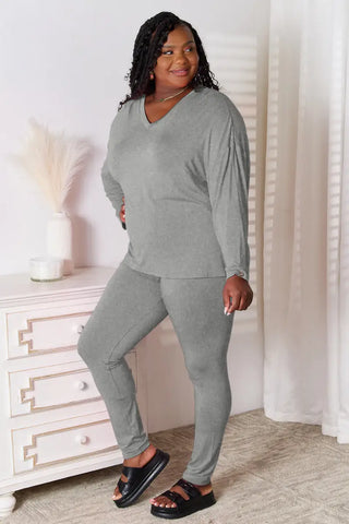 Bamboo Full Size V-Neck Long Sleeve Top and Pants Lounge Set - Loungwear - Basic Bae - Two-Piece Sets