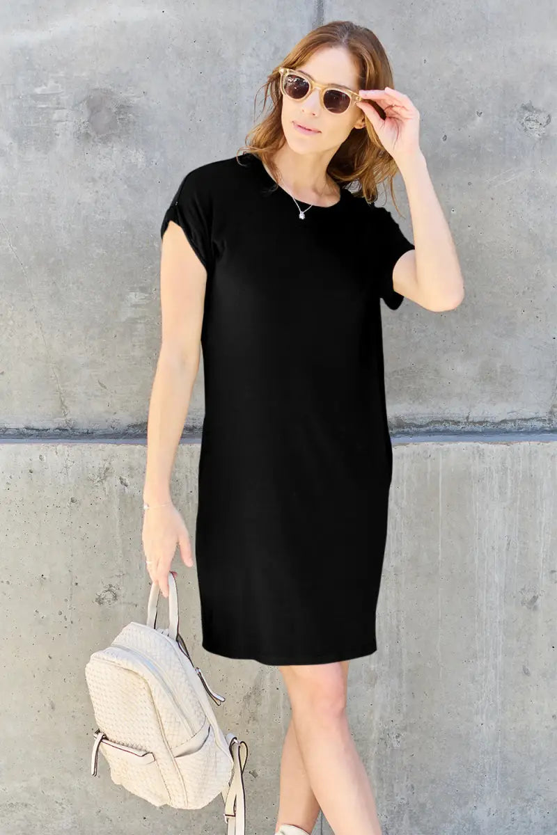 Black / S - Bamboo Full Size Round Neck Short Sleeve Dress with Pockets - Dress - Basic Bae - Dresses