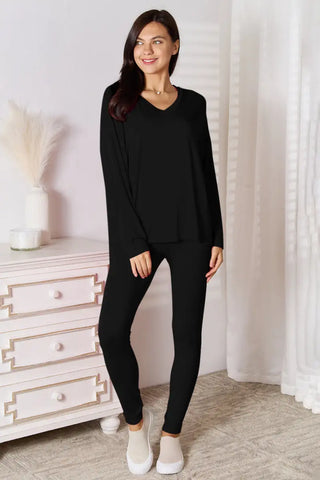 Black / S - Bamboo Full Size V-Neck Long Sleeve Top and Pants Lounge Set - Loungwear - Basic Bae - Two-Piece Sets