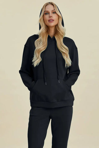 Black / S - Full Size Air Scuba Drawstring Long Sleeve Hoodie with Kangaroo Pocket - Basic Bae - Tops