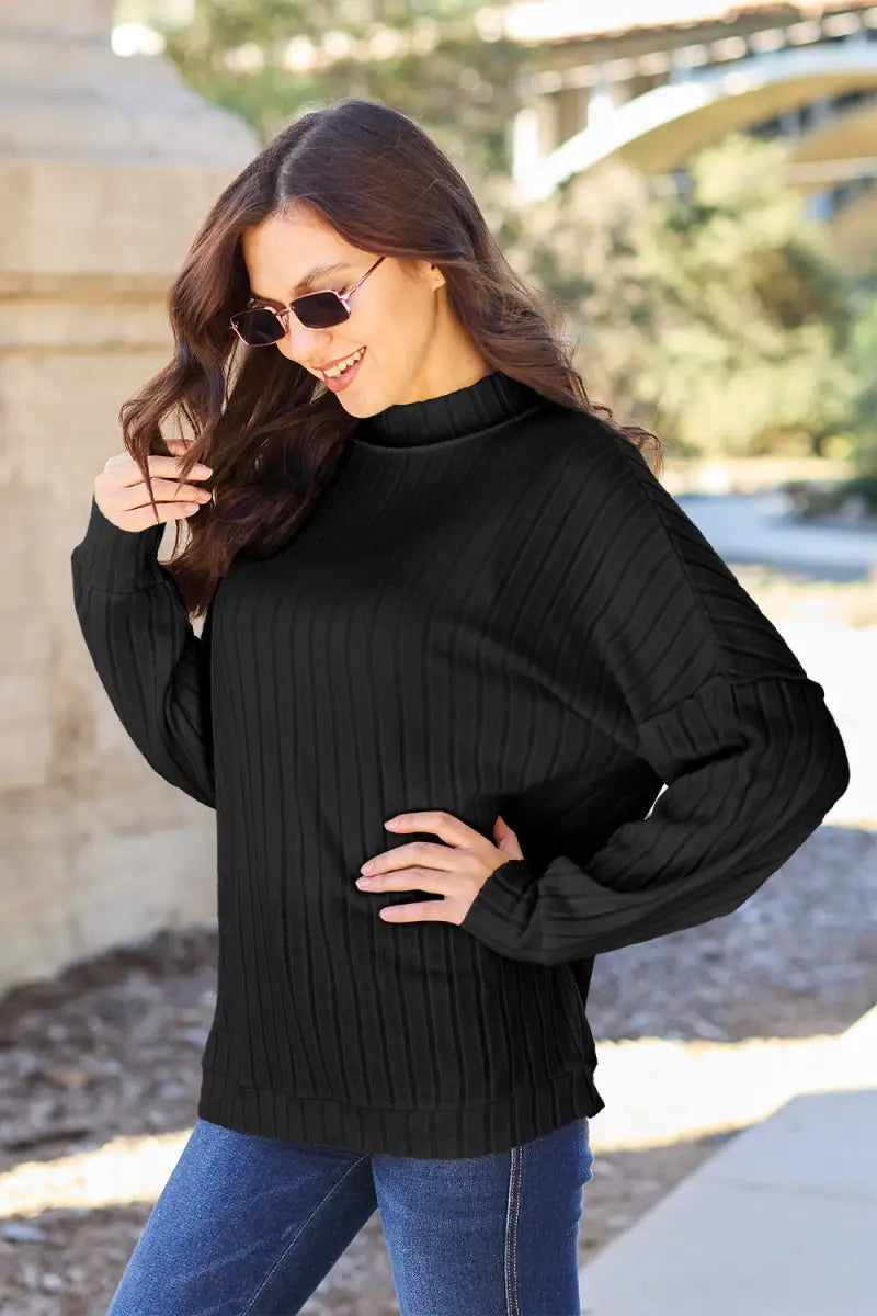 Black / S - Full Size Ribbed Exposed Seam Mock Neck Knit Top - Sweater - Basic Bae - Winter Collection