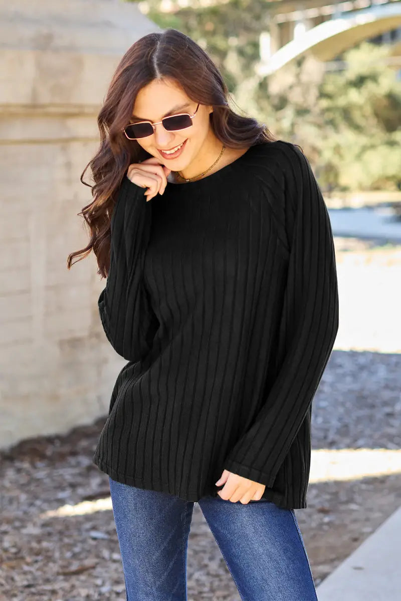 Black / S - Full Size Ribbed Round Neck Long Sleeve Knit Top - Sweater - Basic Bae - Winter Collection