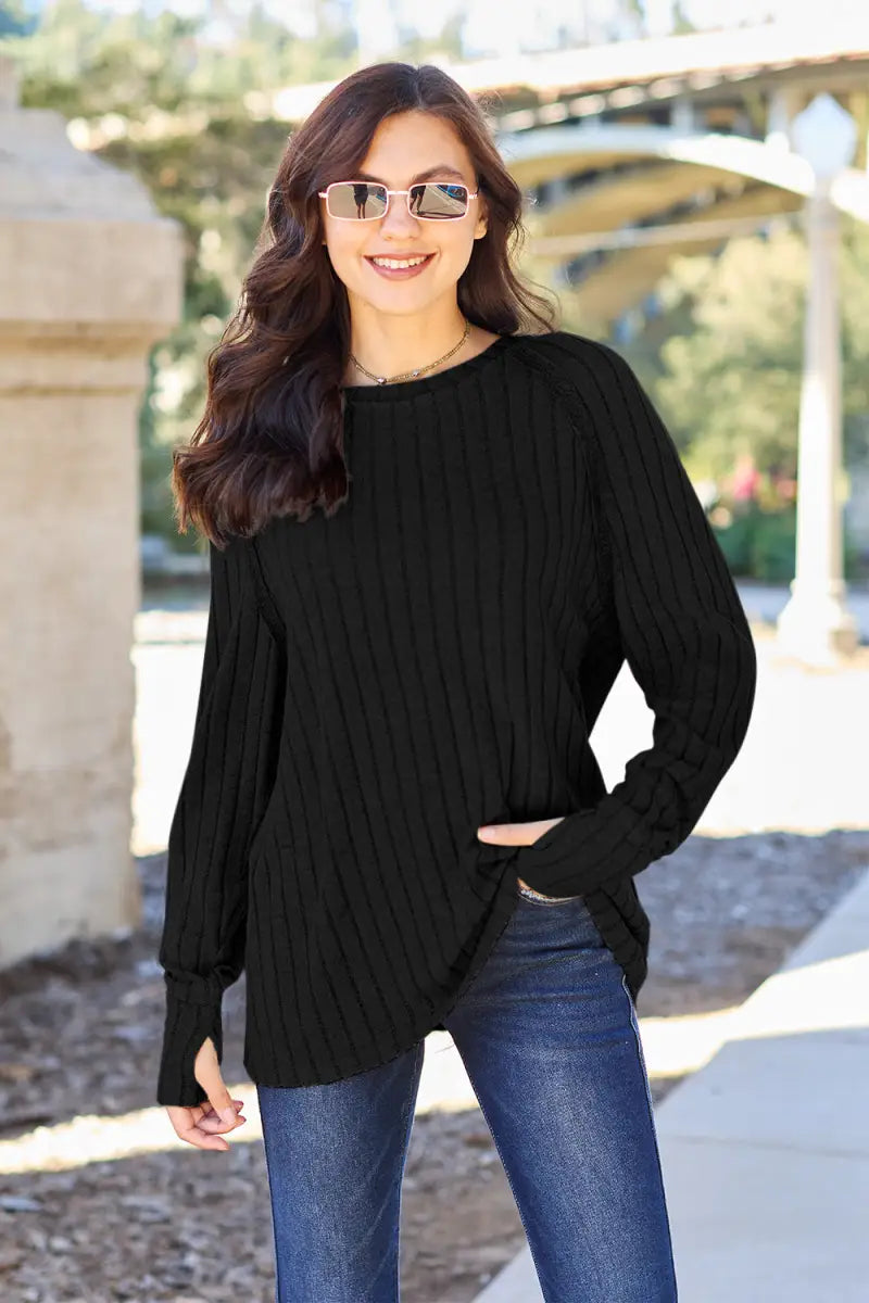 Black / S - Full Size Ribbed Round Neck Long Sleeve Knit Top - Sweater - Basic Bae - Winter Collection