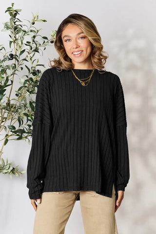 Black / S - Full Size Ribbed Round Neck Slit Knit Top - Sweatshirt - Basic Bae - Sweaters & Knitwear