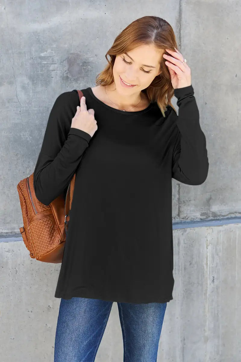 Black / S - Full Size Round Neck Dropped Shoulder T-Shirt - T-Shirt - Basic Bae - Tops