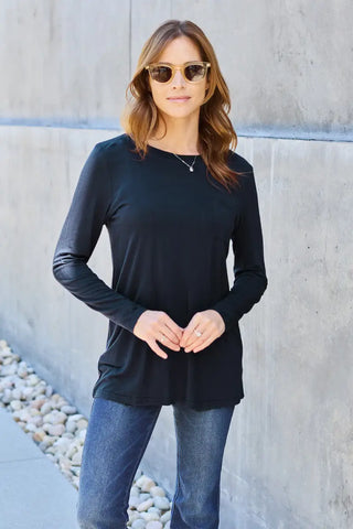 Black / S - Full Size Round Neck Long Sleeve Top - T-Shirt - Basic Bae - Tops