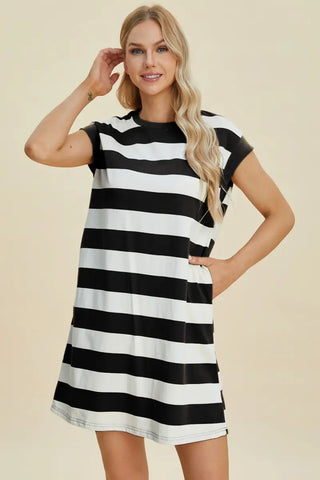 Black / S - Full Size Striped Round Neck Cap Sleeve Mini Dress - Dress - Basic Bae - Dresses