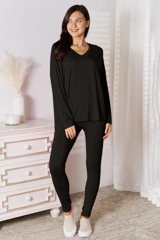 Black / S - Full Size V-Neck Soft Rayon Long Sleeve Top and Pants Lounge Set - Loungwear - Basic Bae - Loungewear