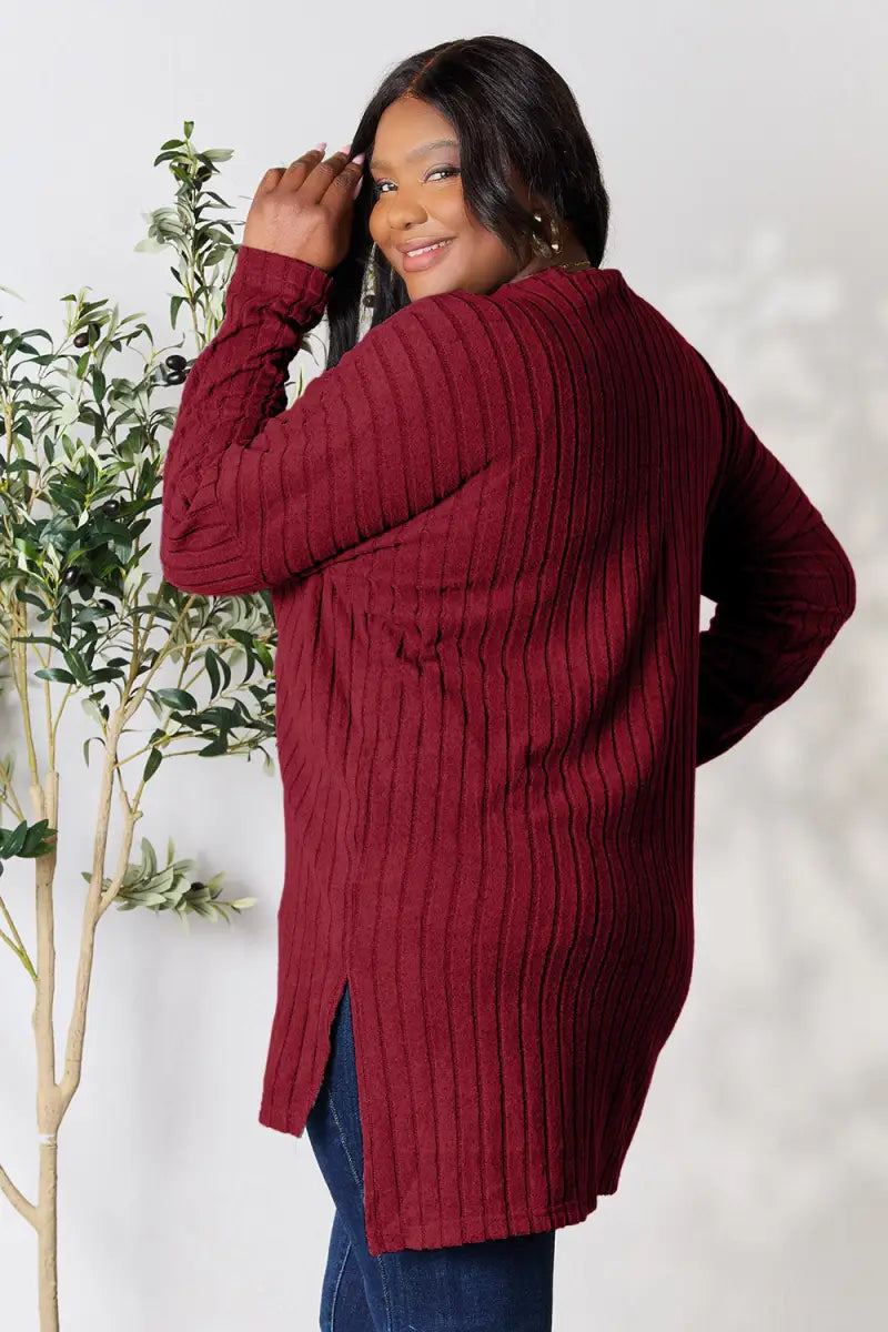 Burgundy / S - Full Size Ribbed Round Neck Long Sleeve Slit Top - T-Shirt - Basic Bae - Tops