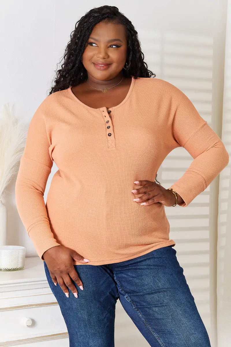 Caramel / S - Half Button Long Sleeve Top - Sweatshirt - Basic Bae - Tops