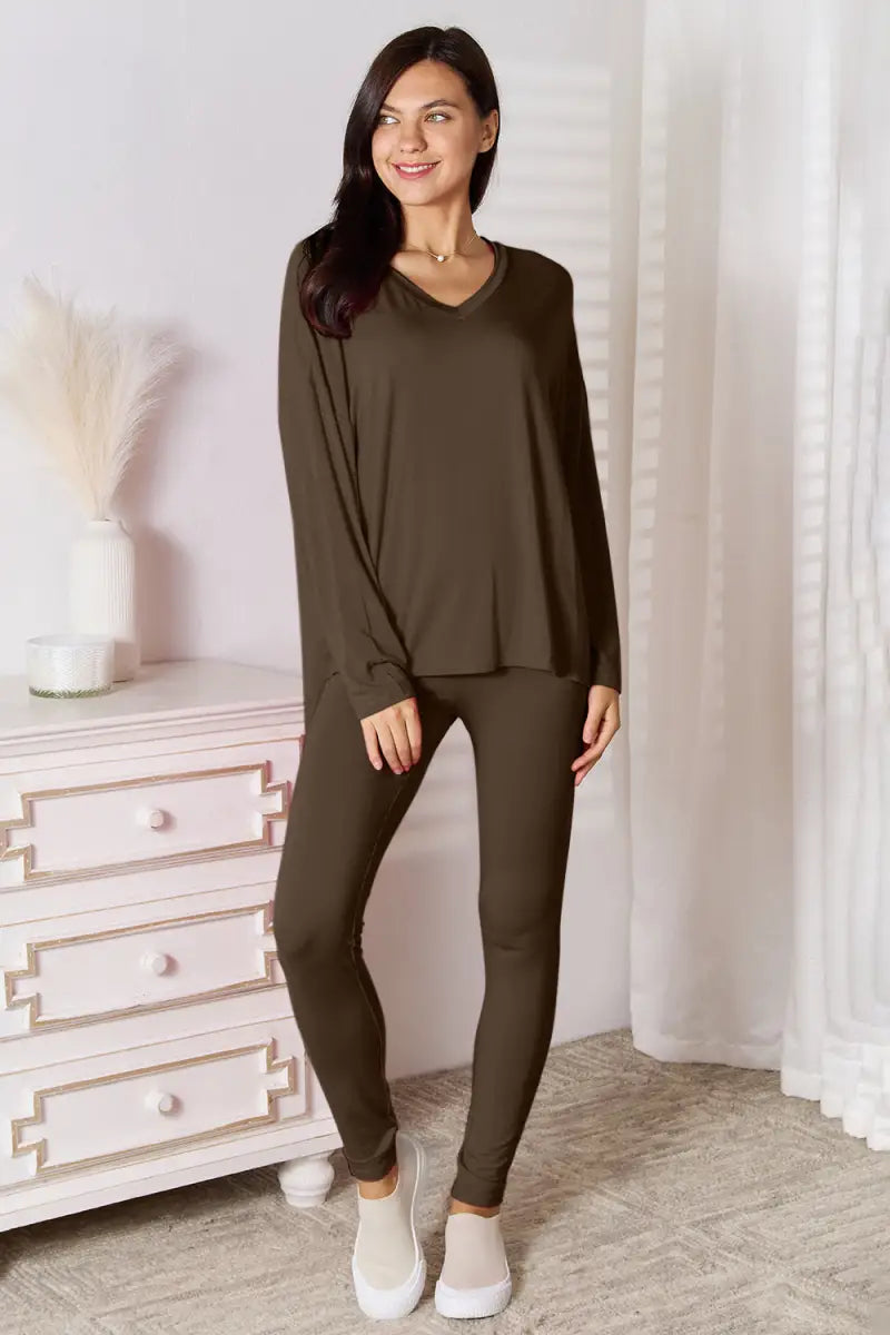 Chocolate / S - Bamboo Full Size V-Neck Long Sleeve Top and Pants Lounge Set - Loungwear - Basic Bae - Two-Piece Sets